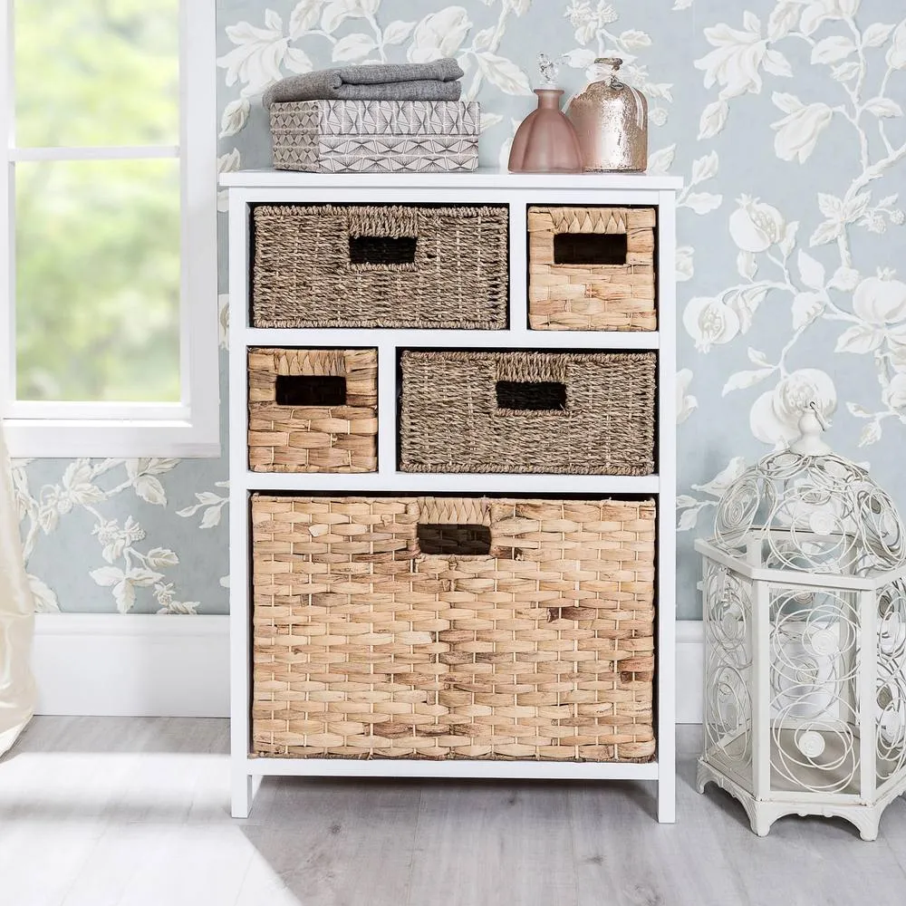 Statement Furniture Tetbury 5 Drawer Storage Unit White with Hyacinth & Seagrass Baskets
