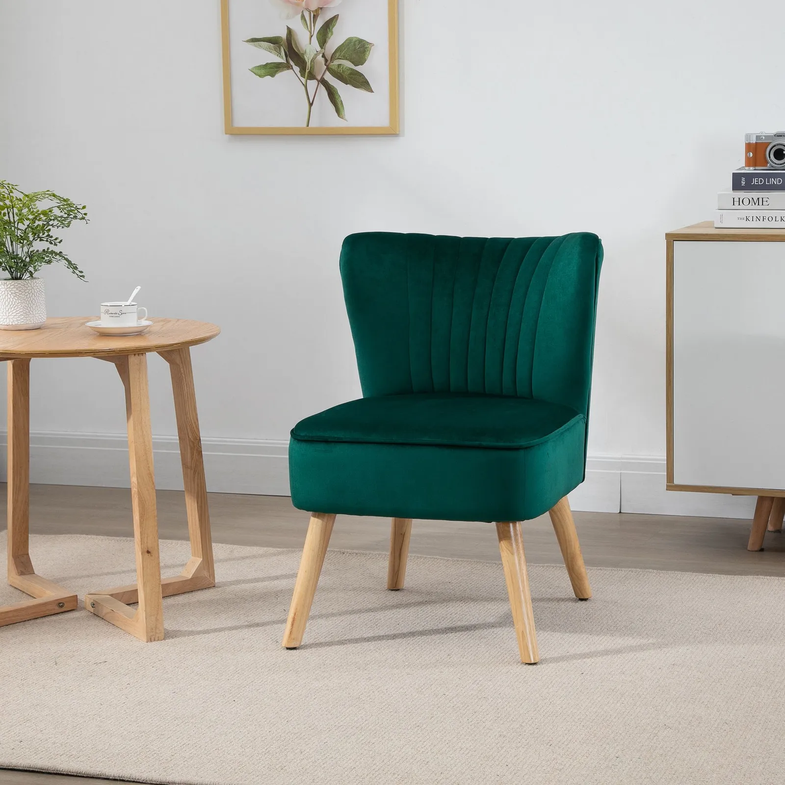 HOMCOM Fabric Accent Chair Modern Leisure Chair with Wood Legs & Armless Design in Green