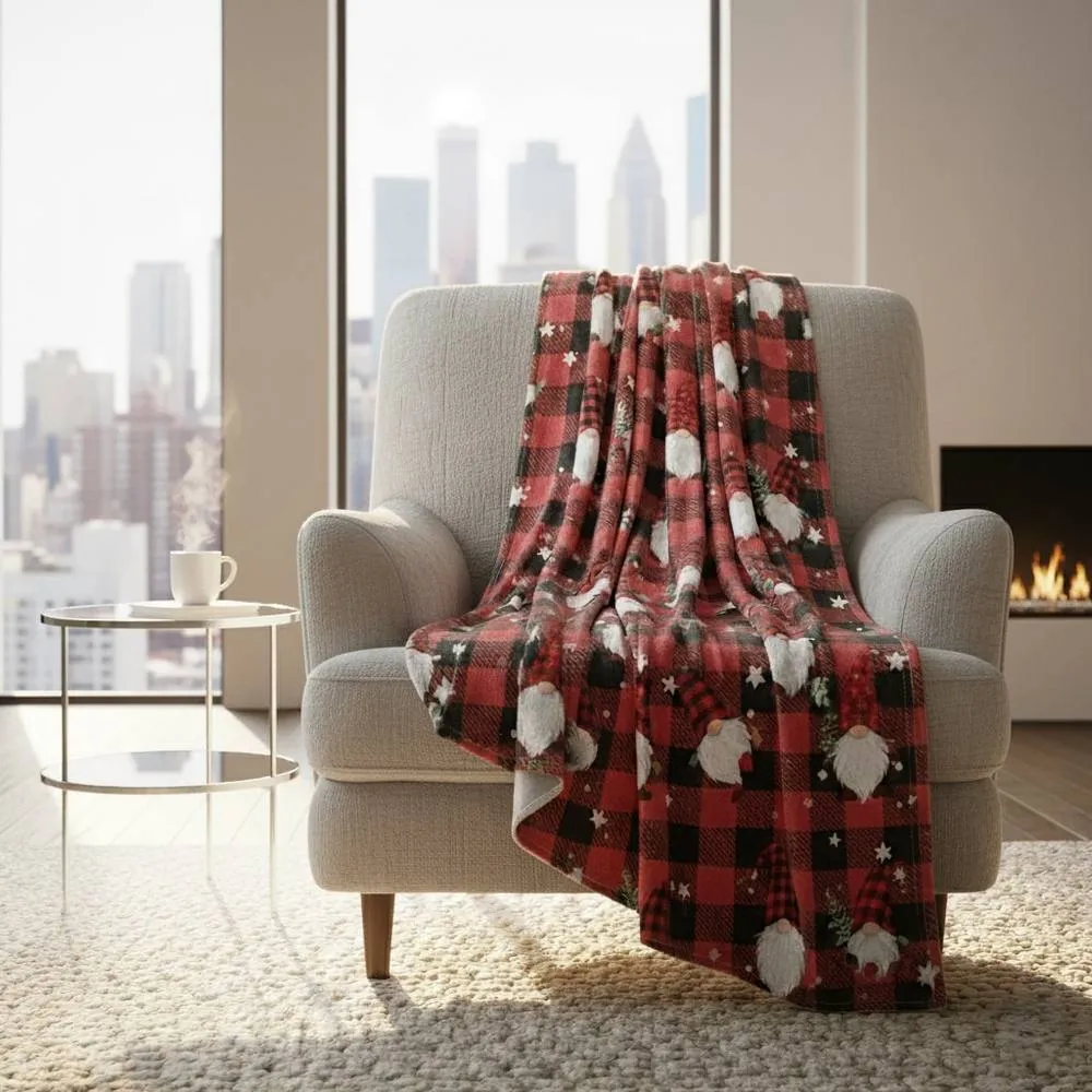 Snug City Gonk Print Christmas Throw Blanket Cozy Festive Holiday Decor Gift in Red