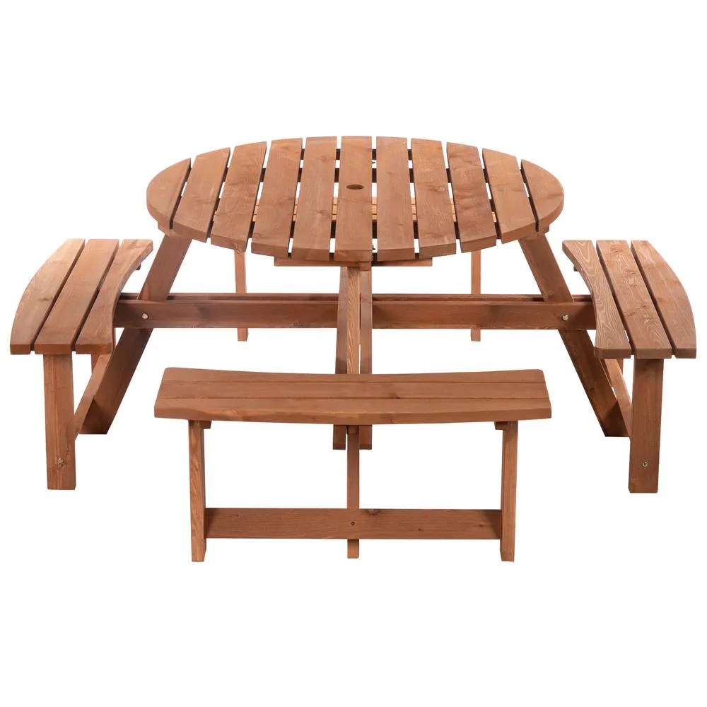 OUTSUNNY 8 Seat Outdoor Wooden Picnic Table with Bench, Parasol Hole, Brown 2