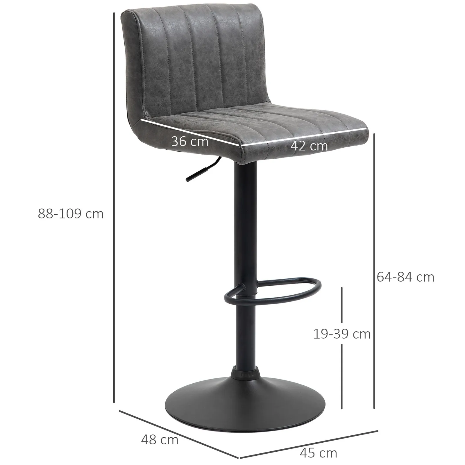 HOMCOM Set of 2 Adjustable Height Swivel PU Leather Counter Bar Chairs in Grey 3