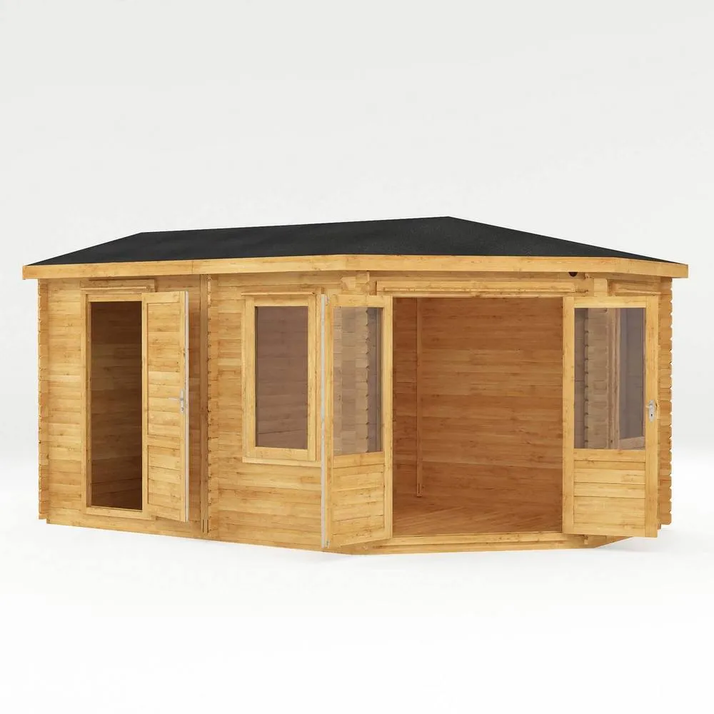Mercia 5 x 3 m Corner Lodge Plus 28 mm Log Cabin with Side Shed in Brown 4