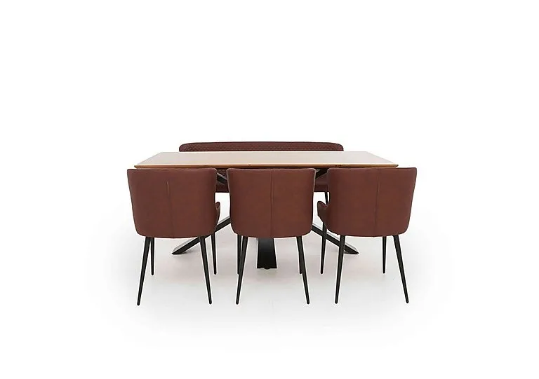 Hanoi Fixed Dining Table with Metal Base and 3 Faux Leather Chairs and a Bench - Tan