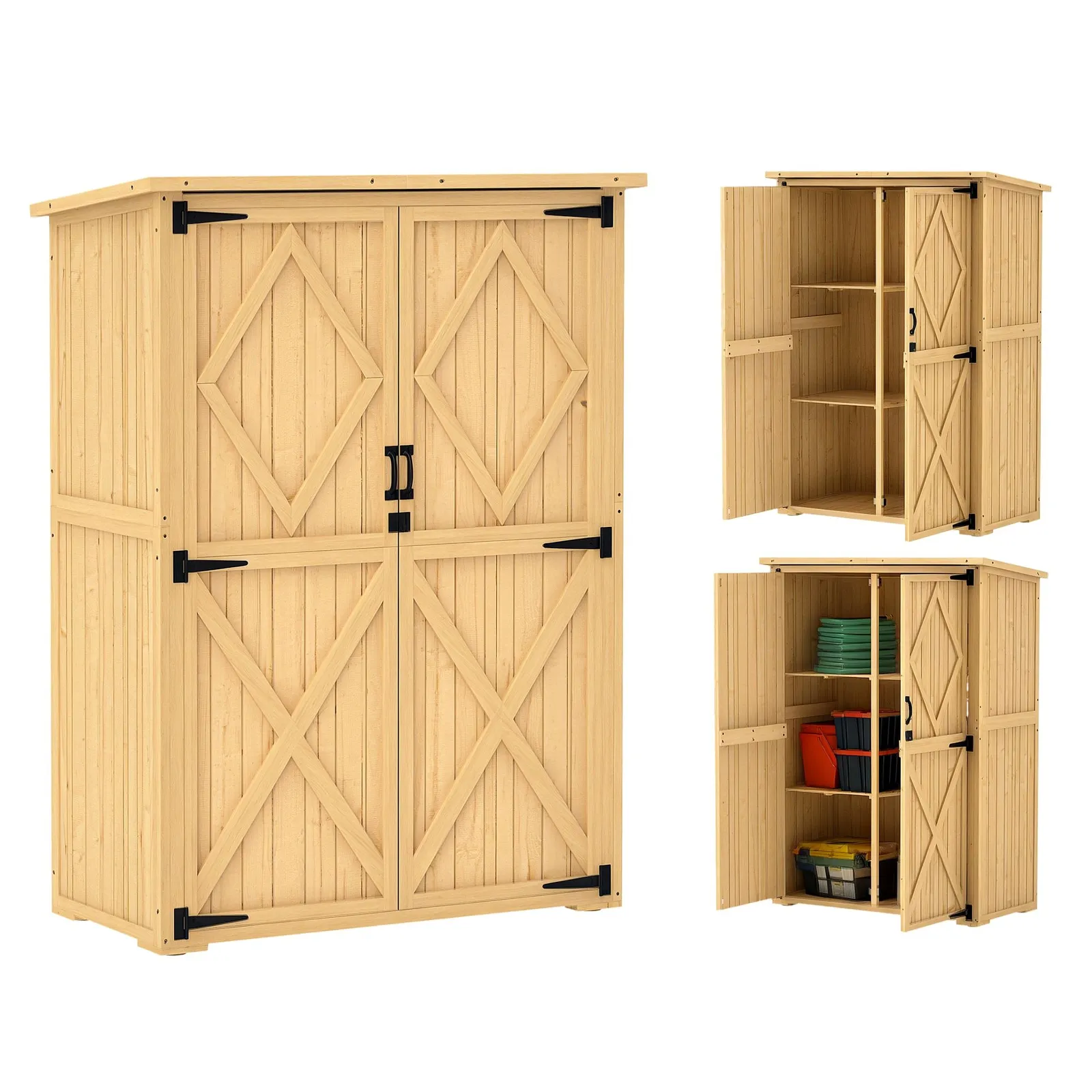 OUTSUNNY Wooden Tool Storage Cabinet with Double Doors, Natural 2