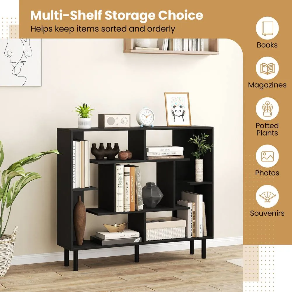 Costway Modern Geometric Bookcase Wooden Open Bookshelf Display Shelves in Black 6
