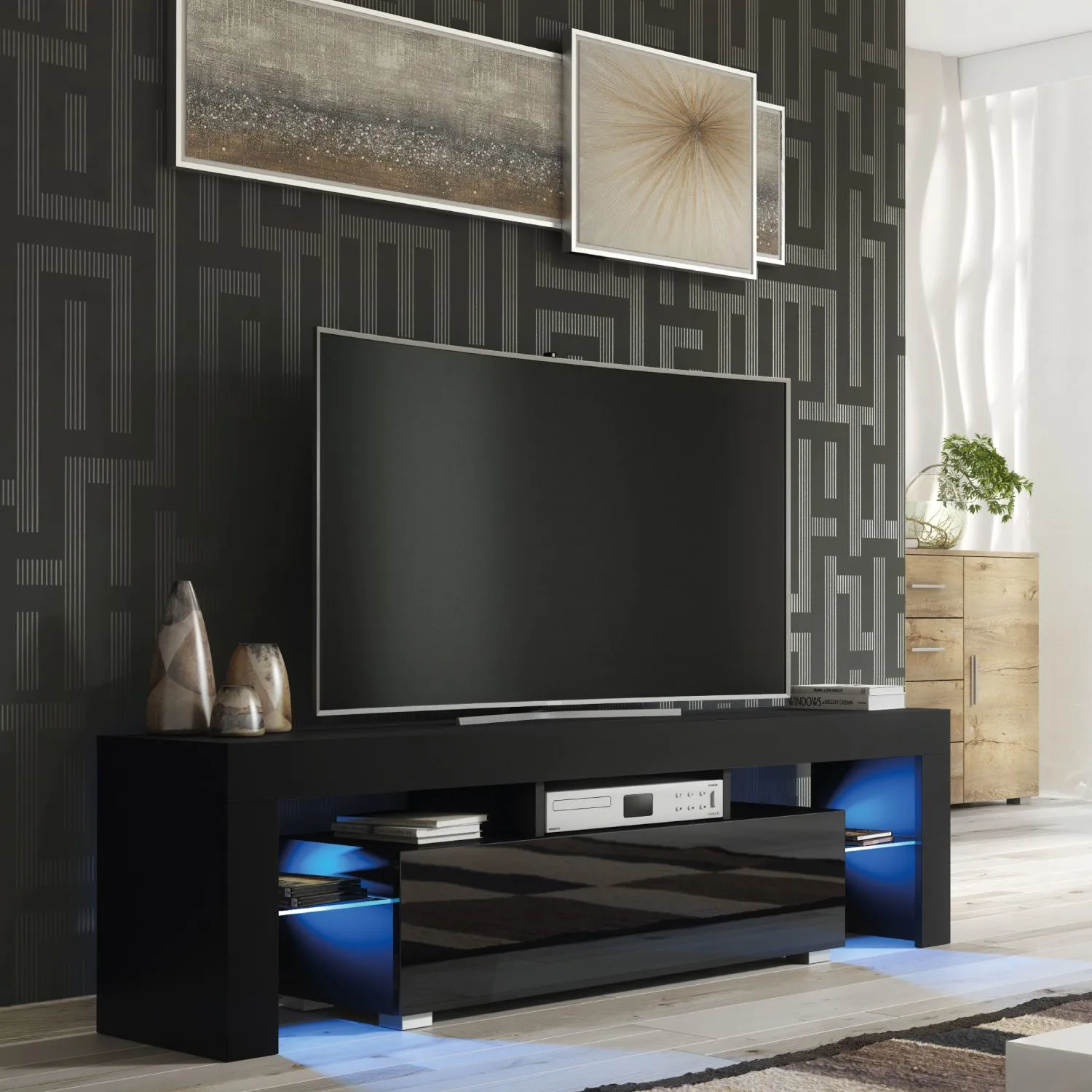 Creative Furniture Aria TV Unit 160cm - A Sleek & Functional Cabinet with Gloss Doors & LED Lights in Black 4