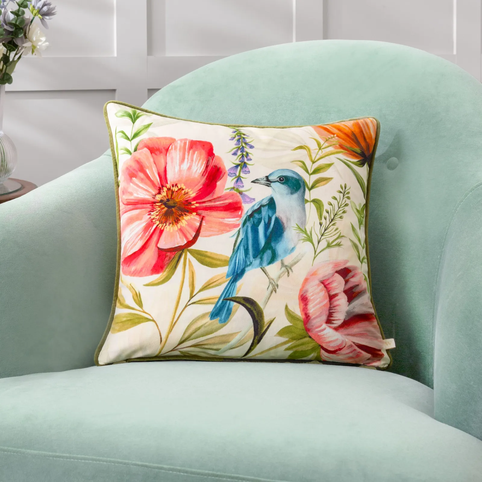 Wylder Nectar Garden Bluebird Velvet Cushion