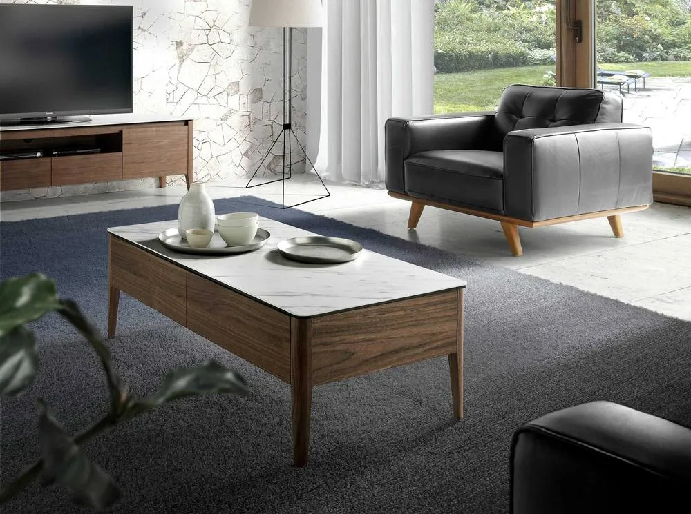 Angel Cerda Porcelain marble & walnut rectangular coffee table in Brown 3