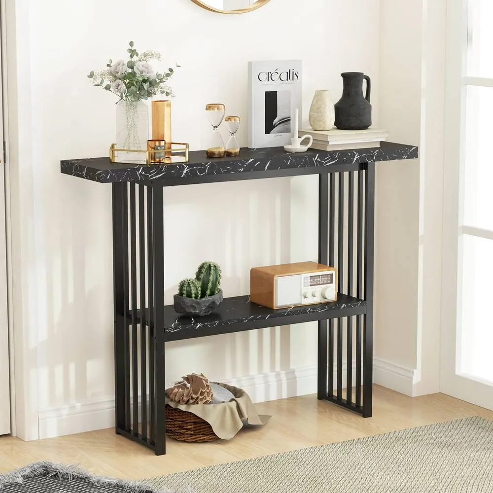 Costway 2-tier Console Table Sofa Table Modern Entryway Table-Black in Black 3
