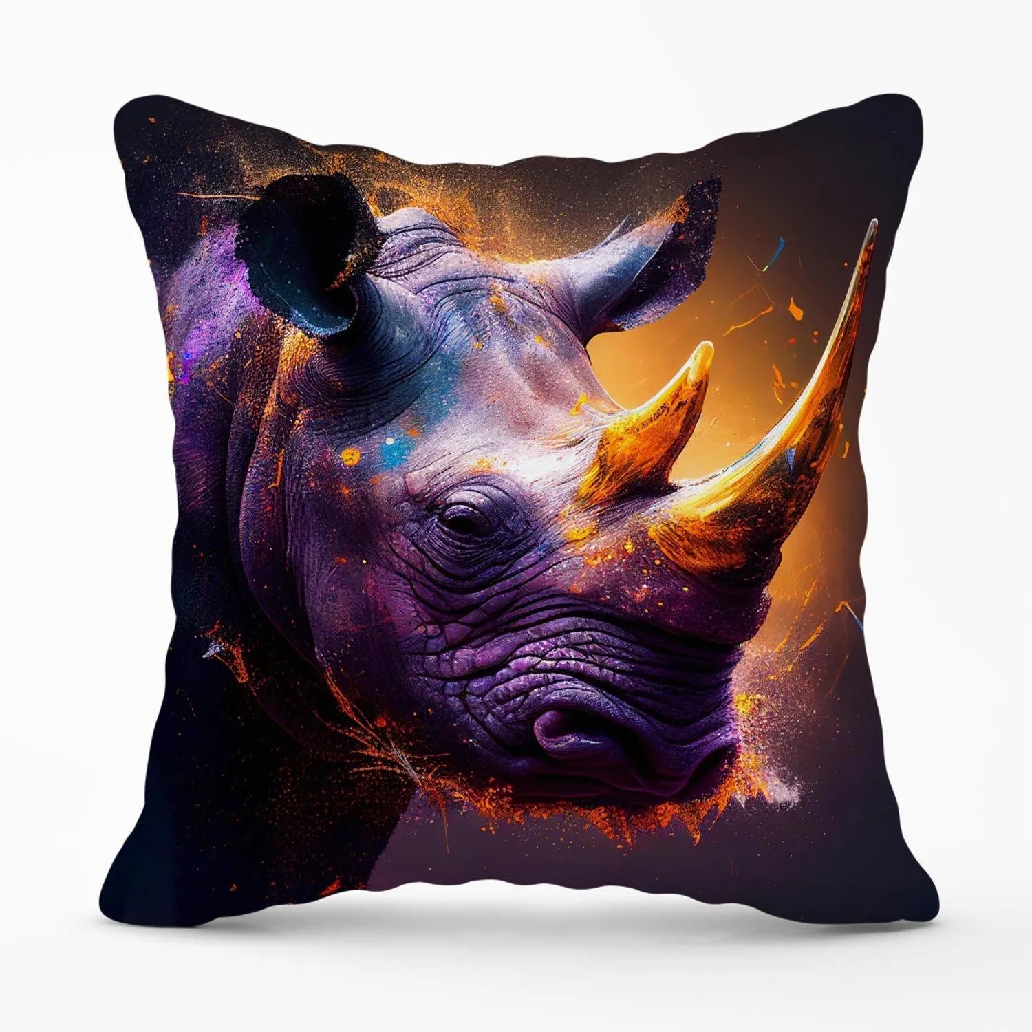 Warren Reed - Designer Golden Rhino Face Splashart Outdoor Cushion in Grey
