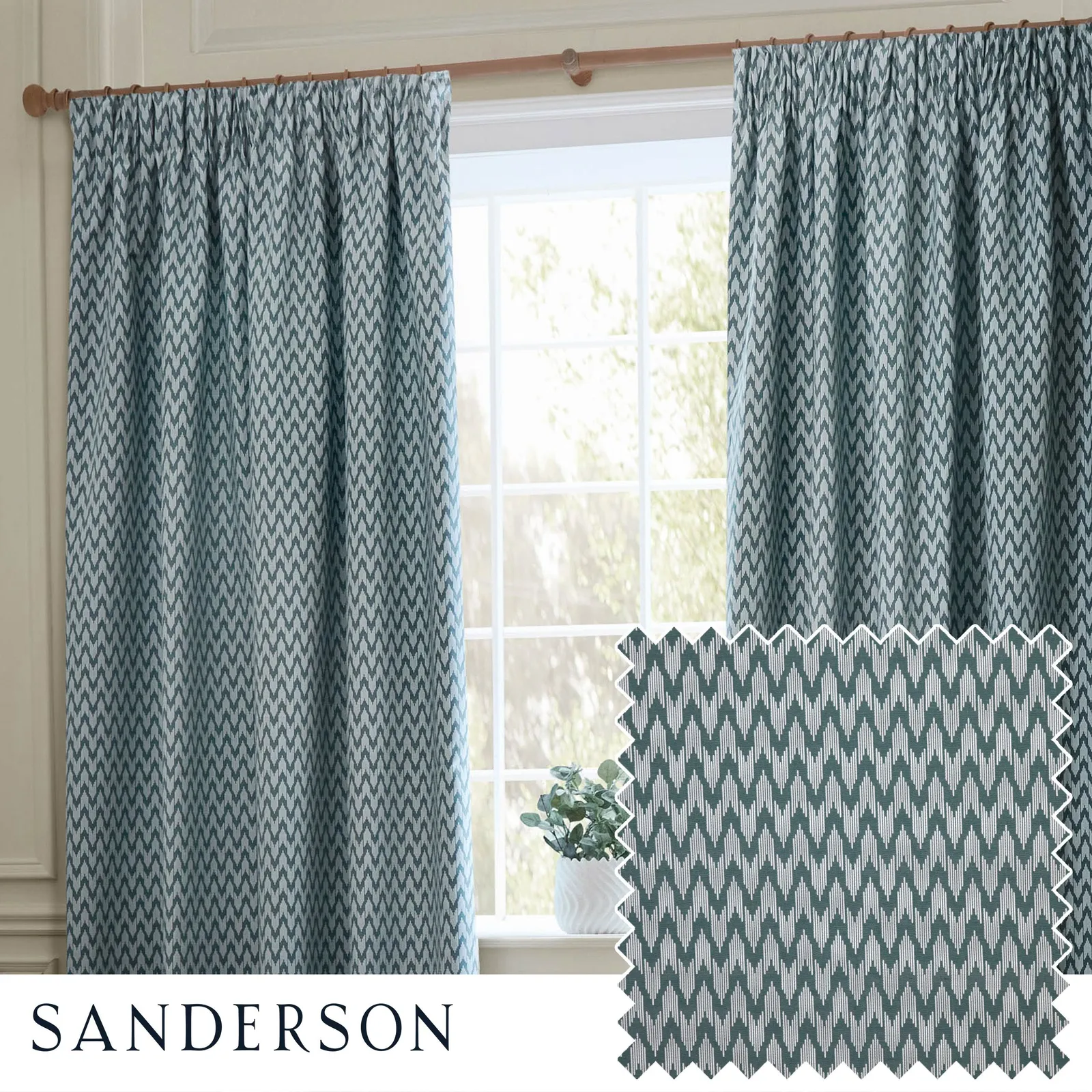 Sanderson Hutton Jacquard Room Darkening Pencil Pleat Curtains in Blue 1