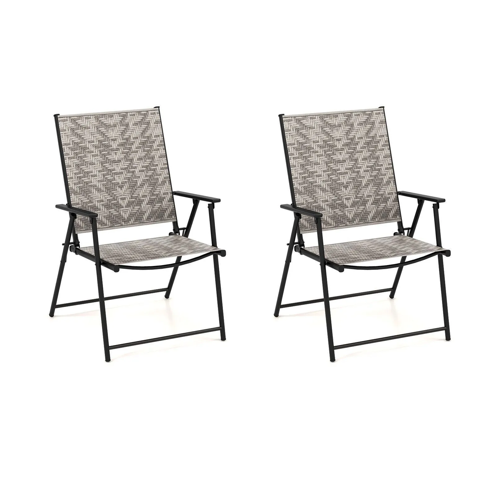 Costway Set of 2 Patio Folding Chairs Outdoor Wicker Dining Chairs with Armrests in Grey