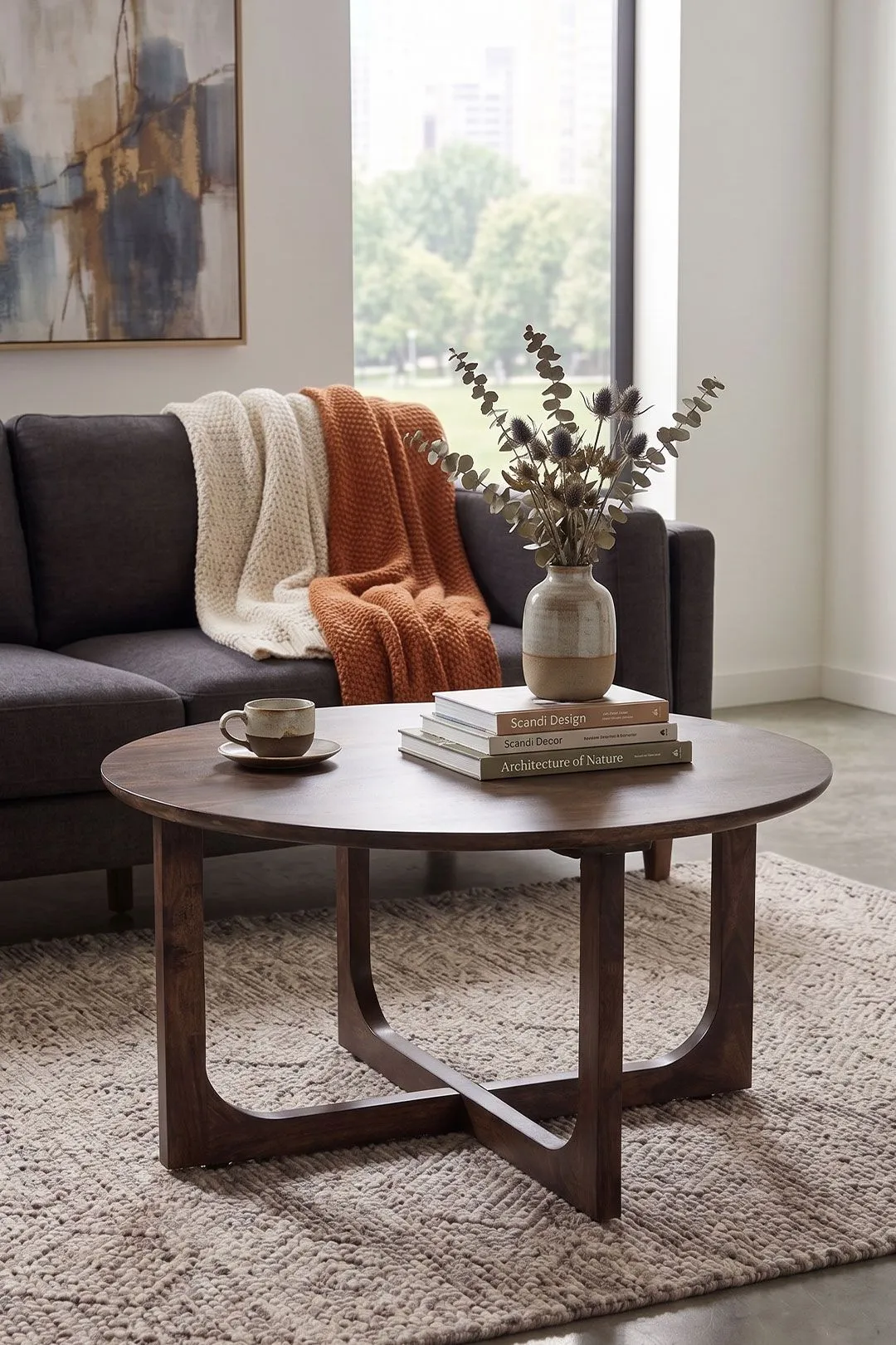 IH Design Nolan Natural Mango Wood Round Coffee Table in Brown