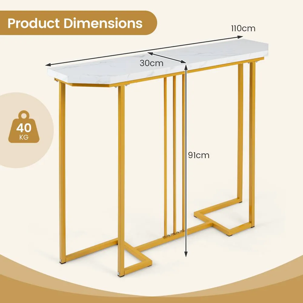 Costway Modern Console Table 110 CM Narrow Entryway Table with Faux Marble Top in White 2