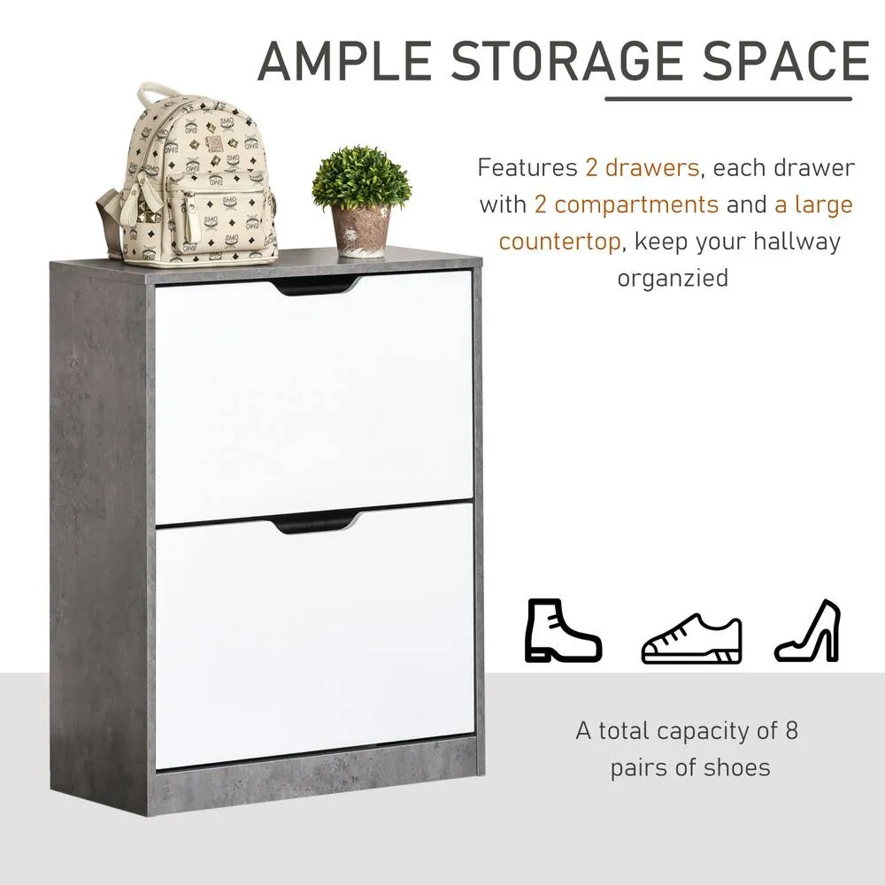 HOMCOM Two Drawer Shoe Cabinet Home Storage Organiser with Groove Handles in Grey 4