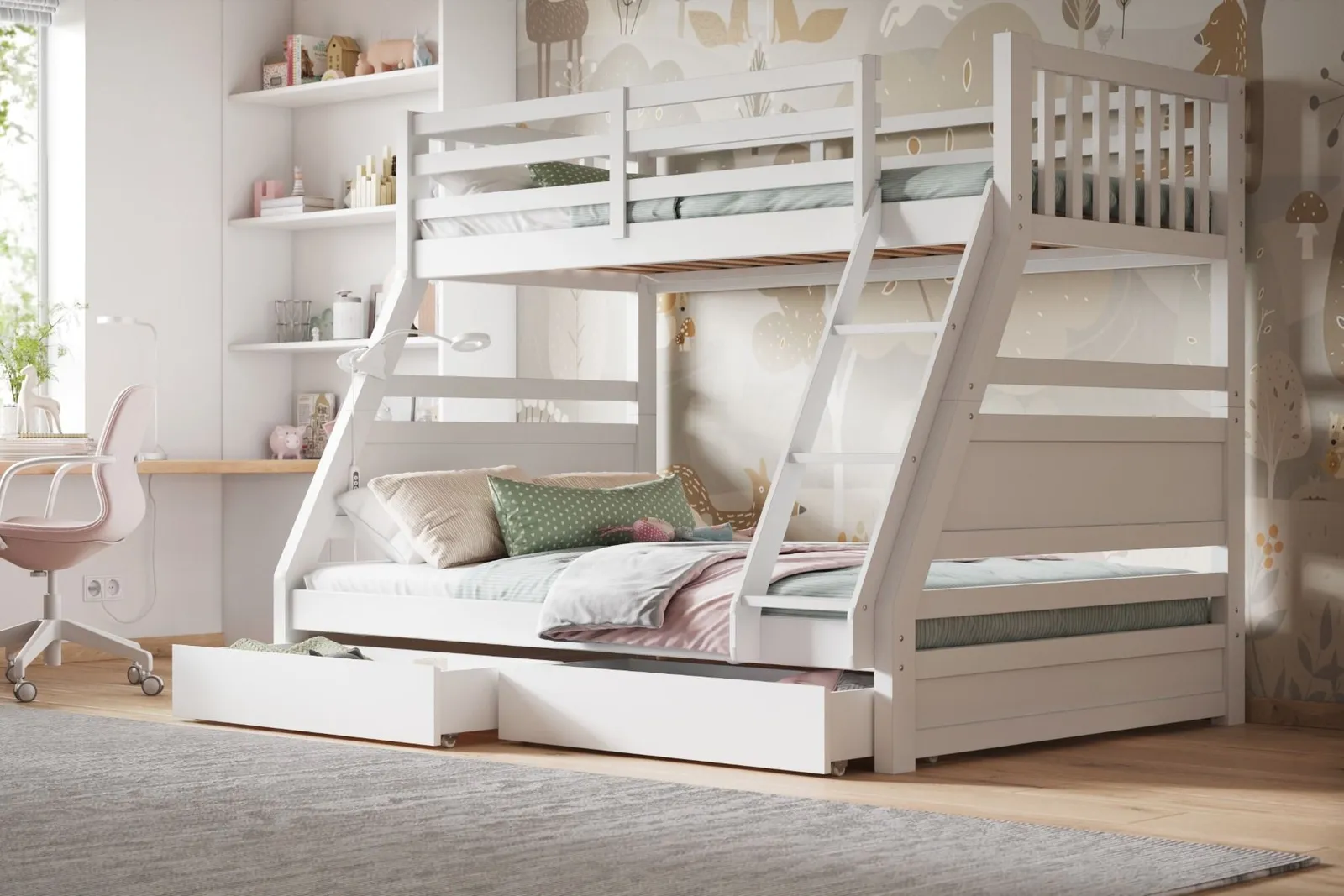Flair Ollie Wooden Triple Bunk Bed with Drawers in White