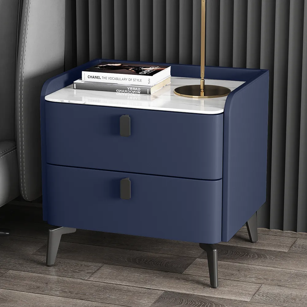 Modern Nightstand Set of 2 with 2 Drawers Bedroom Nightstand in Deep Blue, Faux Marble