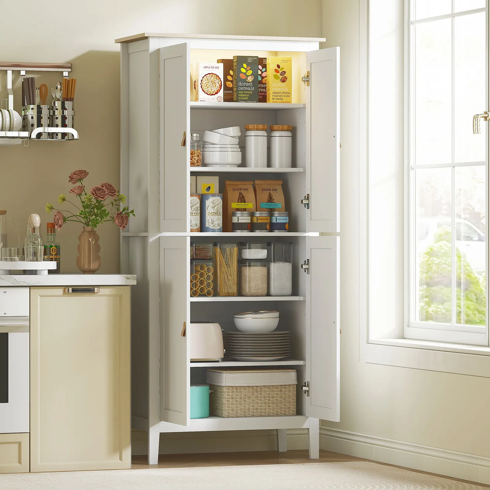 HOMCOM 176.5 cm Tall Freestanding Pantry Storage Cabinet with 4 Doors in White 1
