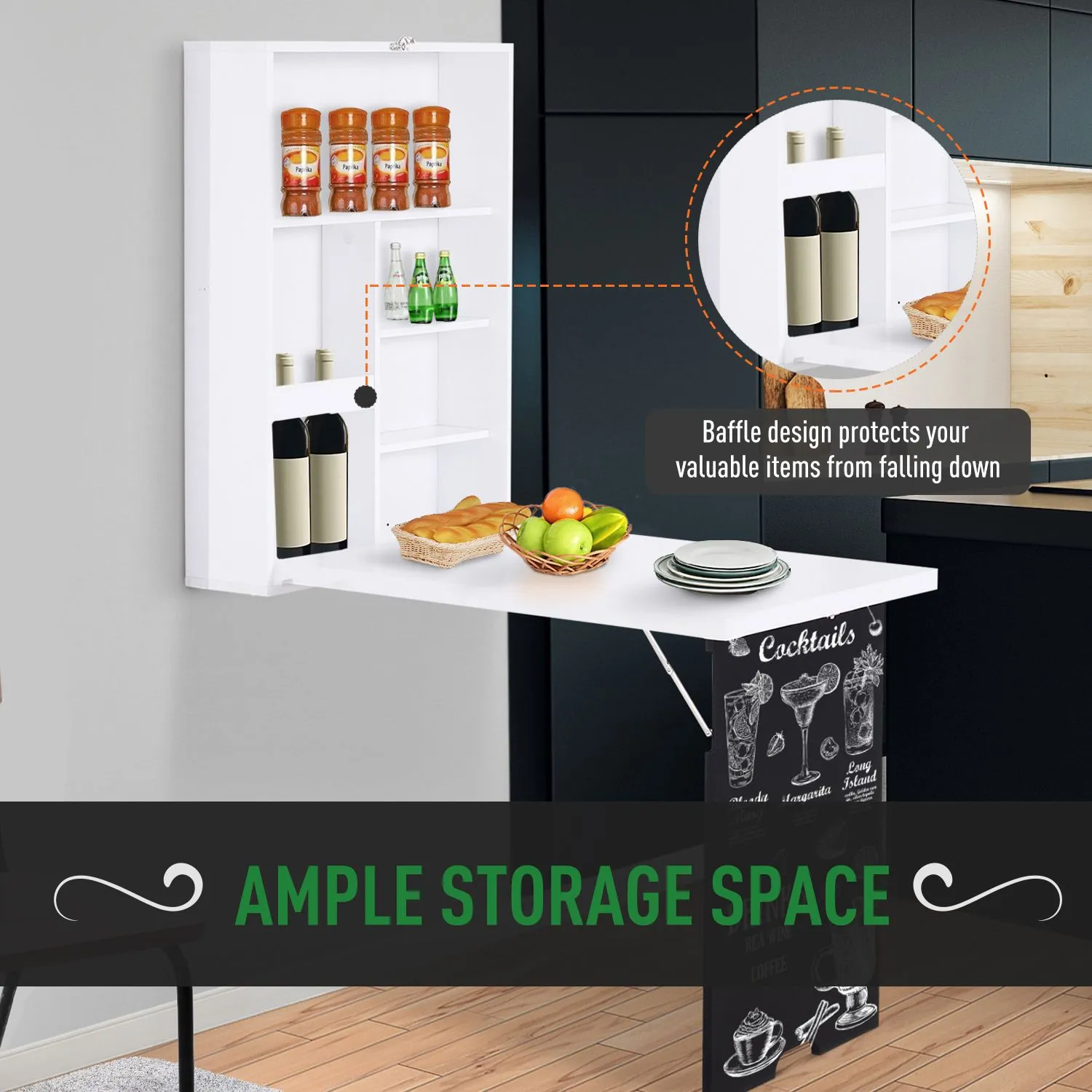 HOMCOM Multi-Functional Folding Wall-Mounted Drop-Leaf Table w/Chalkboard Shelf in White 6