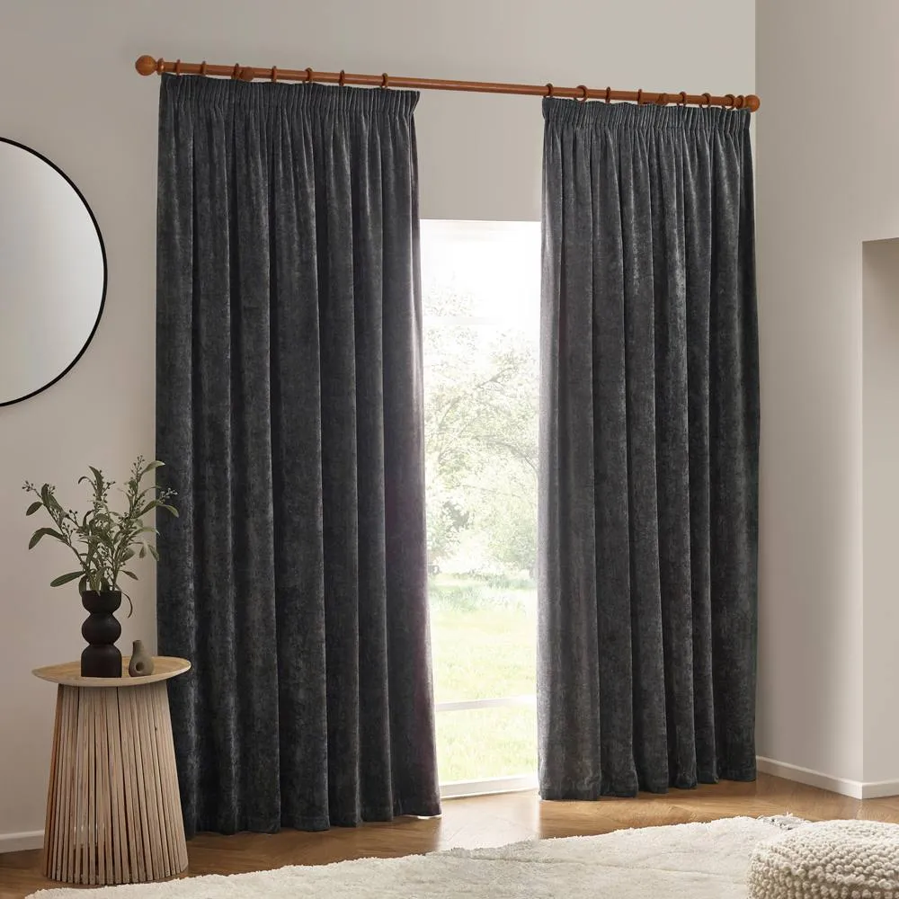 Yard Heavy Chenille Blackout Pencil Pleat Curtain Pair in Charcoal 5