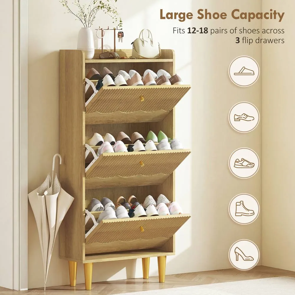 HOMCOM Narrow Shoe Cabinet, Shoe Storage Cabinet with 3 Flip Drawers, Oak in Natural 5