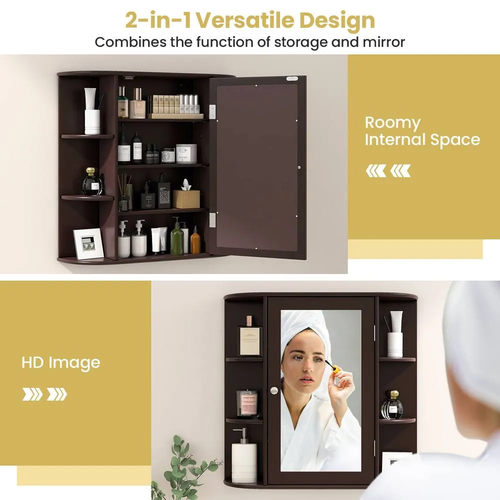 Costway Mirrored Bathroom Cabinet Wooden Hanging Cabinet-Brown in Brown 3