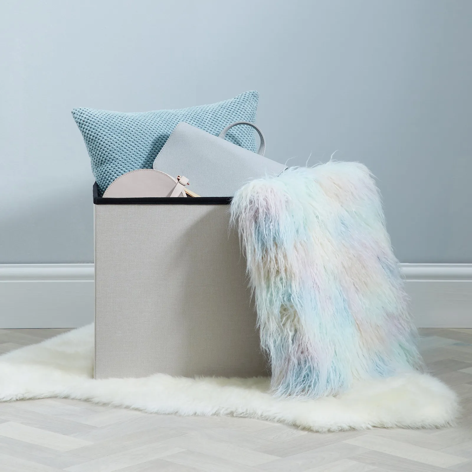 Pastel Faux Fur Foldable Cube Ottoman Pink