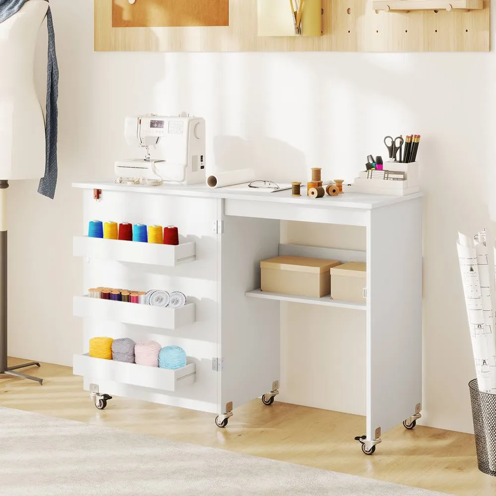 Costway Folding Sewing Table Mobile Sewing Machine Desk Rolling Craft Station in White 3