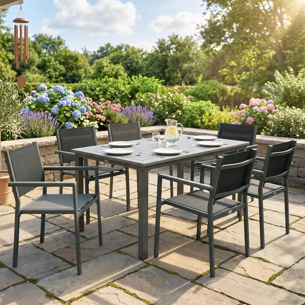OUTSUNNY Garden Dining Set with Acacia Wood Table Top, Stackable Chairs in Grey