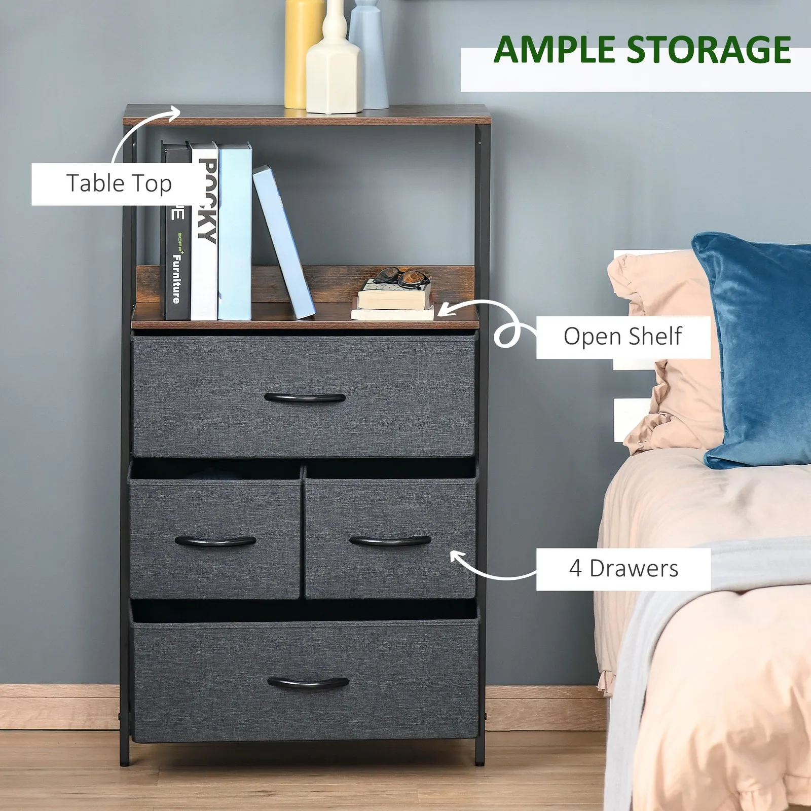 HOMCOM Drawer Storage Chest Unit Home w/ Shelves Home Living Room Bedroom in Black 4