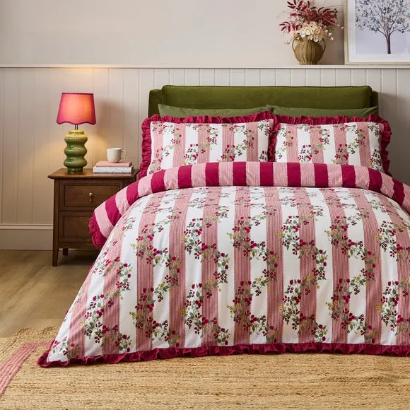 Vintage Floral Frilled 100% Brushed Cotton Duvet Cover & Pillowcase Set 1