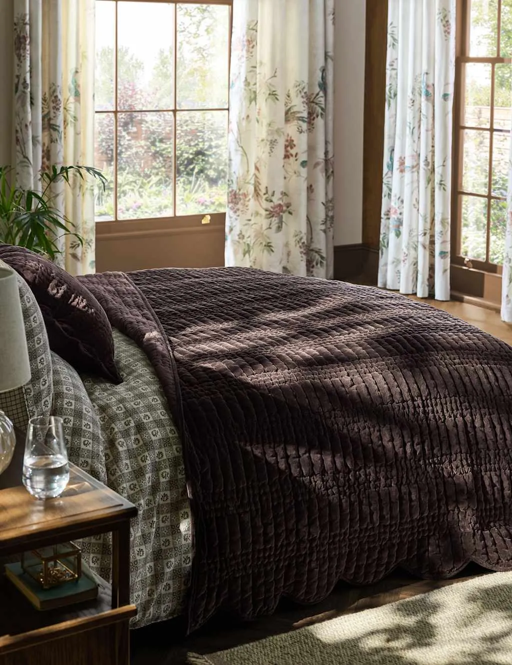 Laura Ashley Velvet Scalloped Bedspread Dark Brown