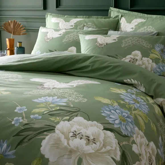 Cranes Floral 100% Cotton Duvet Cover & Pillowcase Set 2