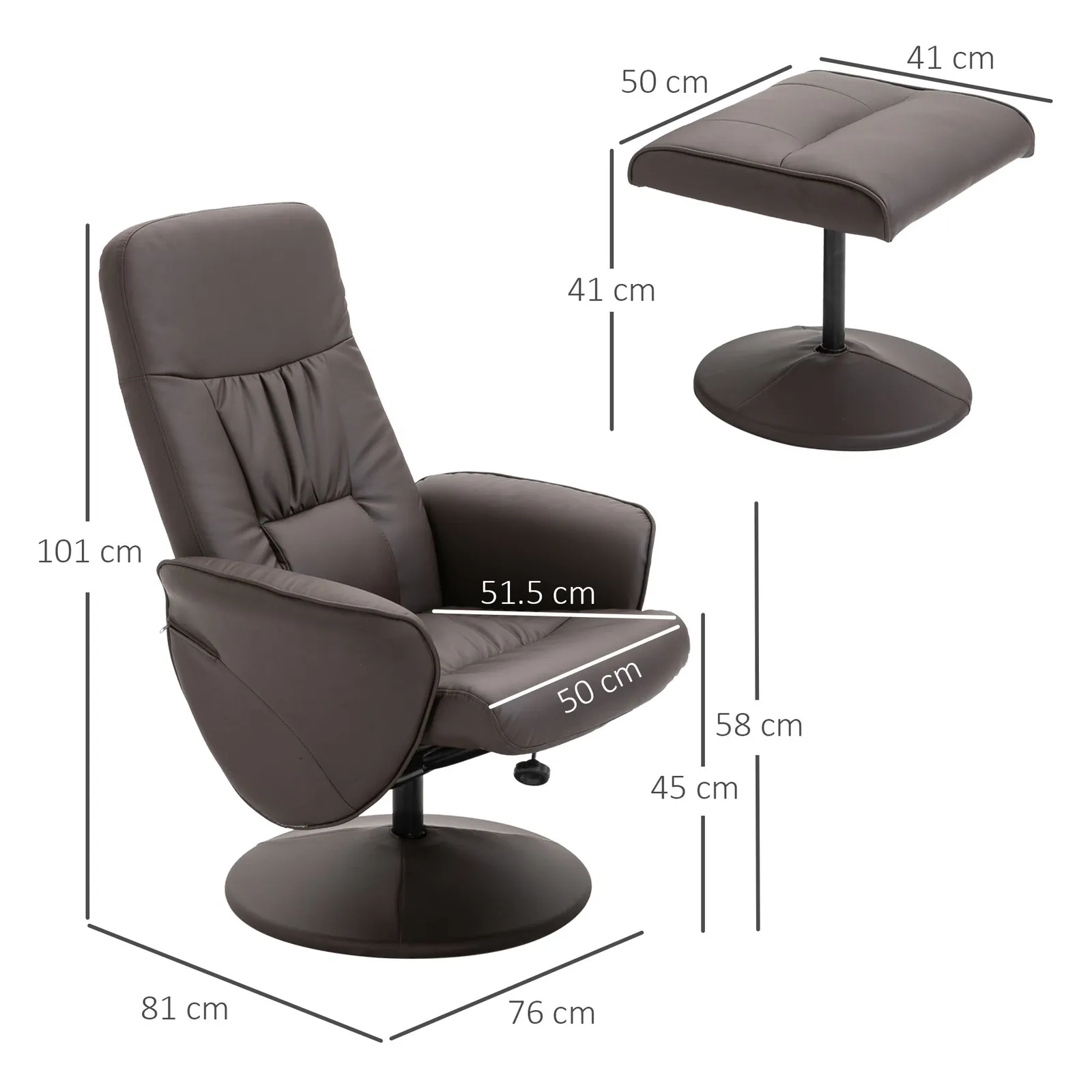 HOMCOM 2 Pcs Reclining Armchair Ottoman 360° Swivel Home Furniture PU Leather in Brown 3