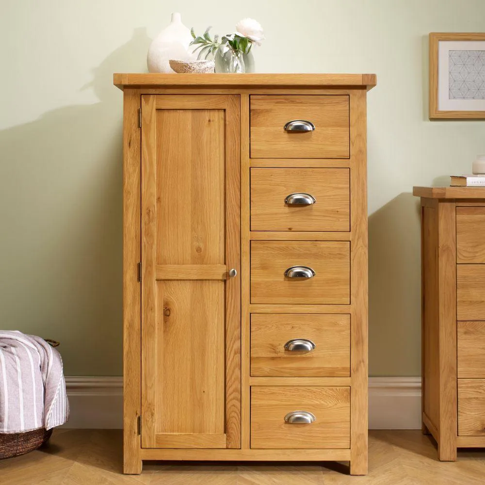 Woburn - 1 Door 5 Drawer Wardrobe - Oak - Wooden - Happy Beds 1