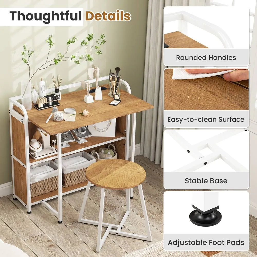 Costway Folding Table w/ Stool 90 cm Computer Desk Set w/ AC Outlets in Natural 6