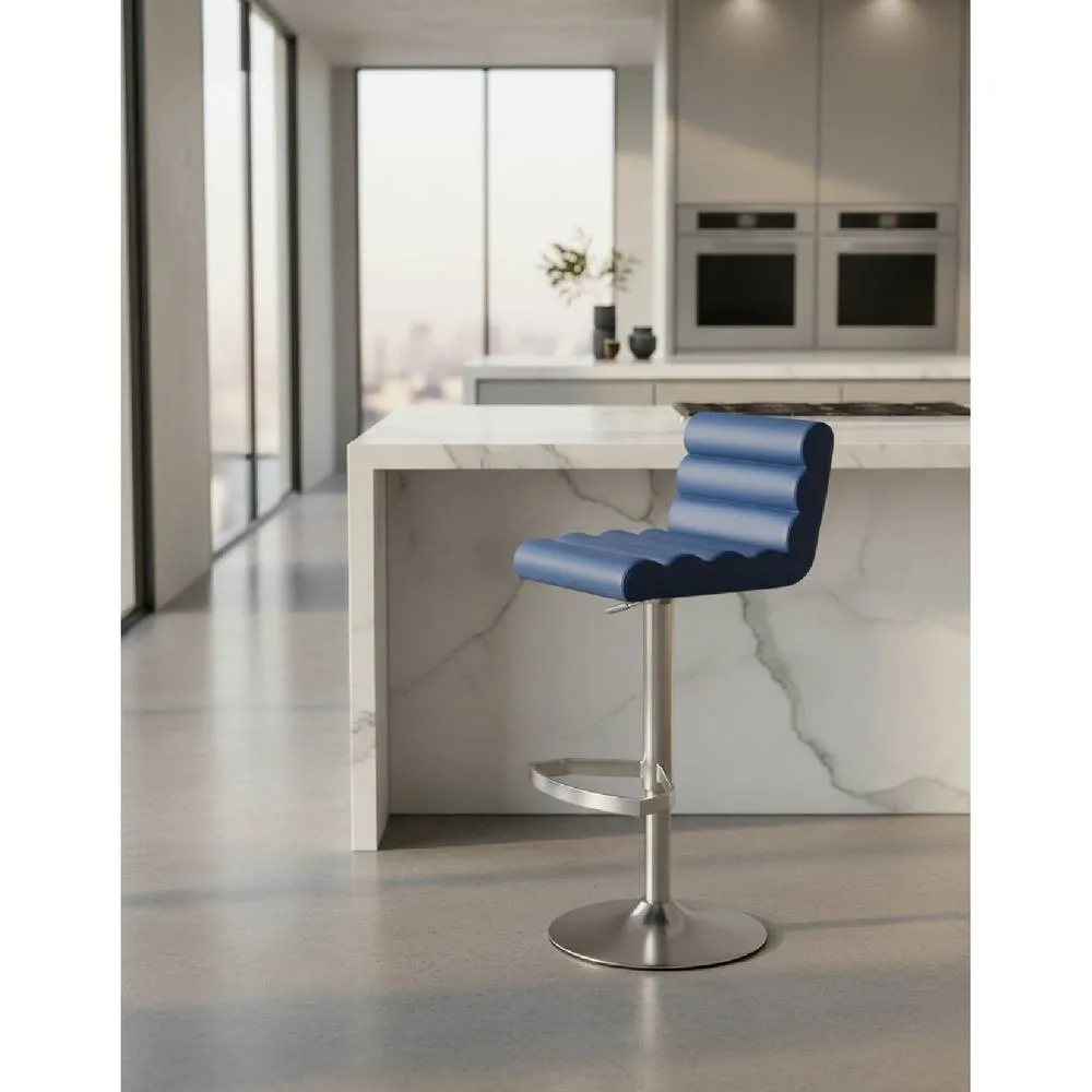netfurniture Manitor Brushed Steel Kitchen Bar Stool Faux Leather Ribbed Seat in Blue 2