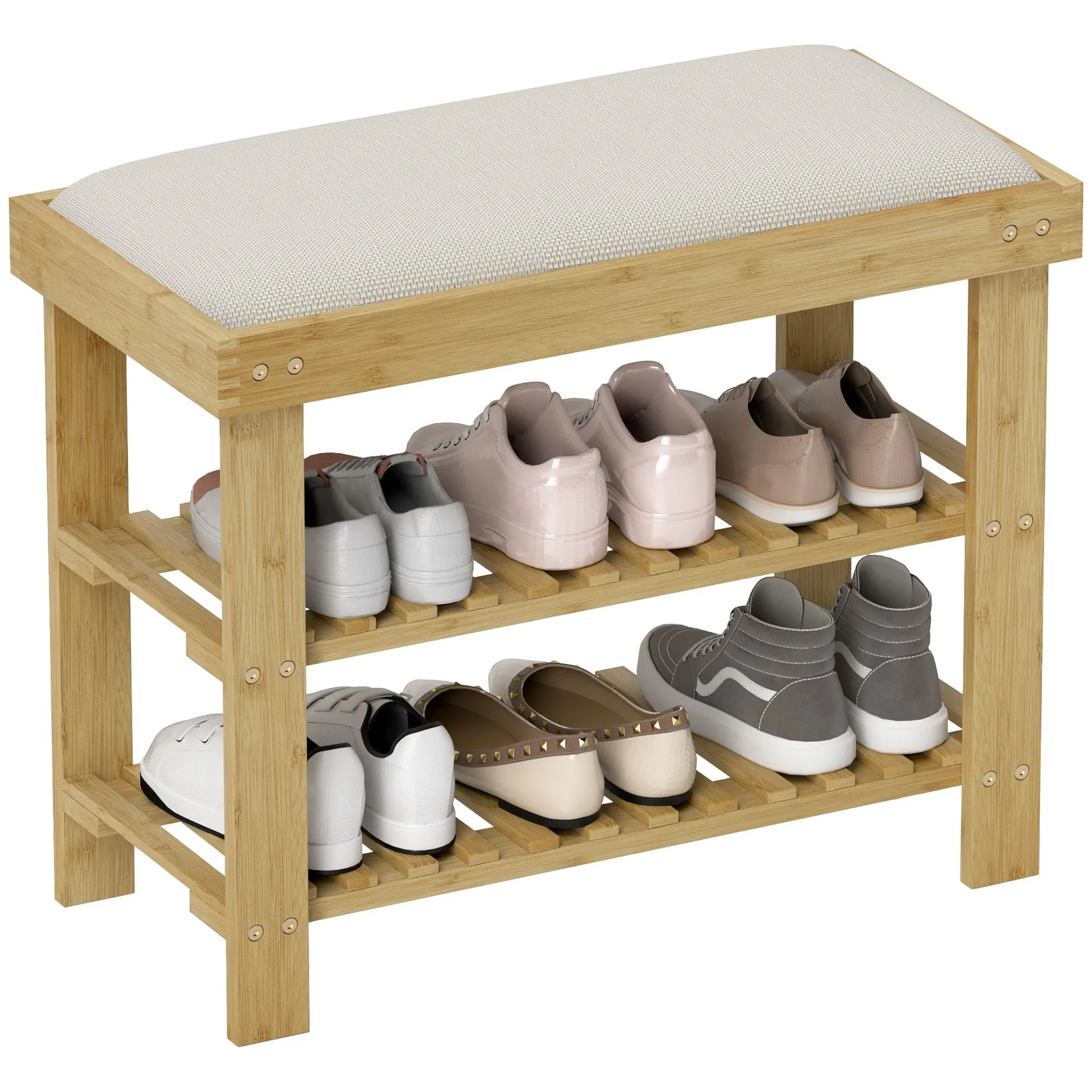 HOMCOM 3-Tier Shoe Storage Bench, Bamboo Shoe Rack for Entryway, Cream 2
