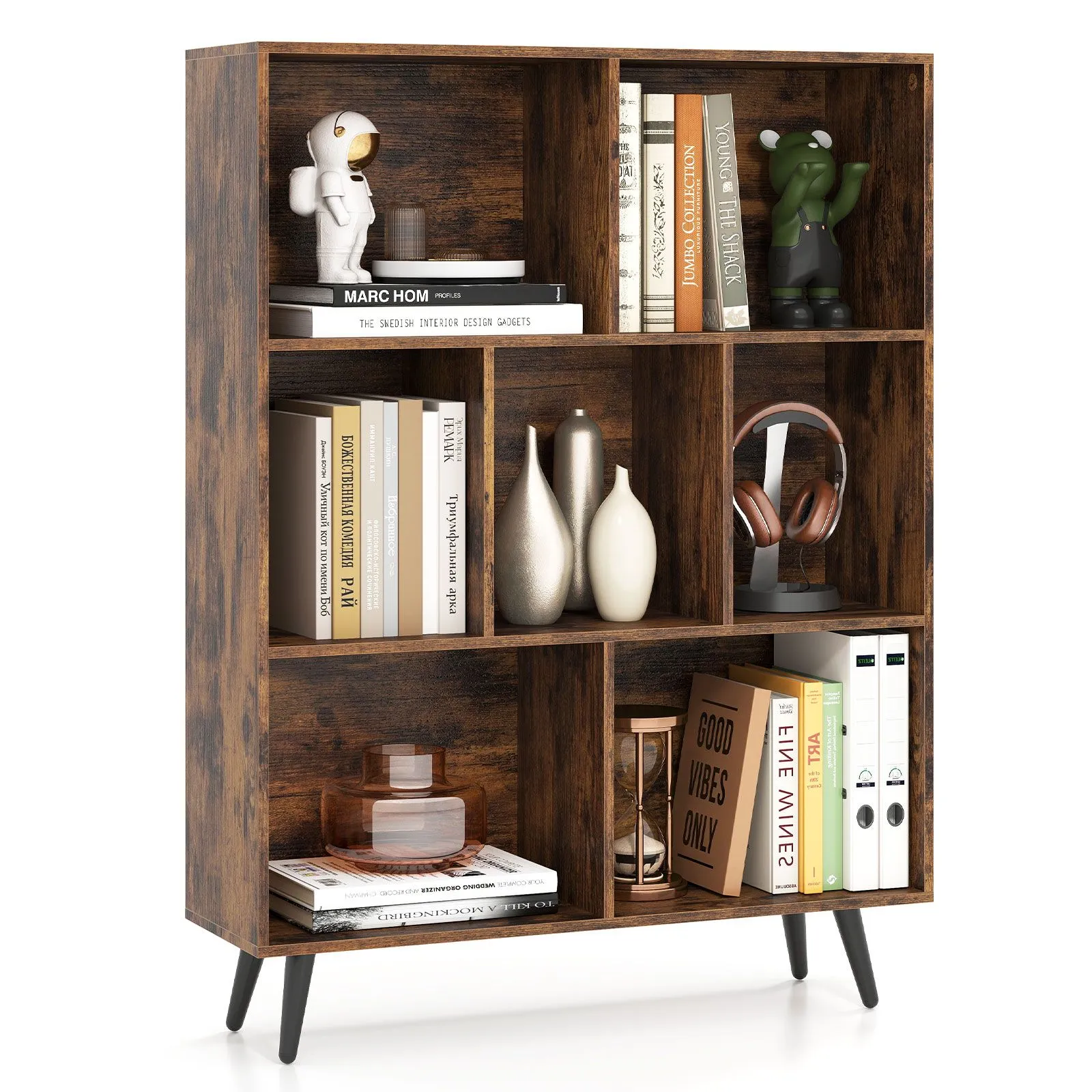 Costway 7-Cube Bookcase Mid Century Modern Storage Organizer in Brown 1