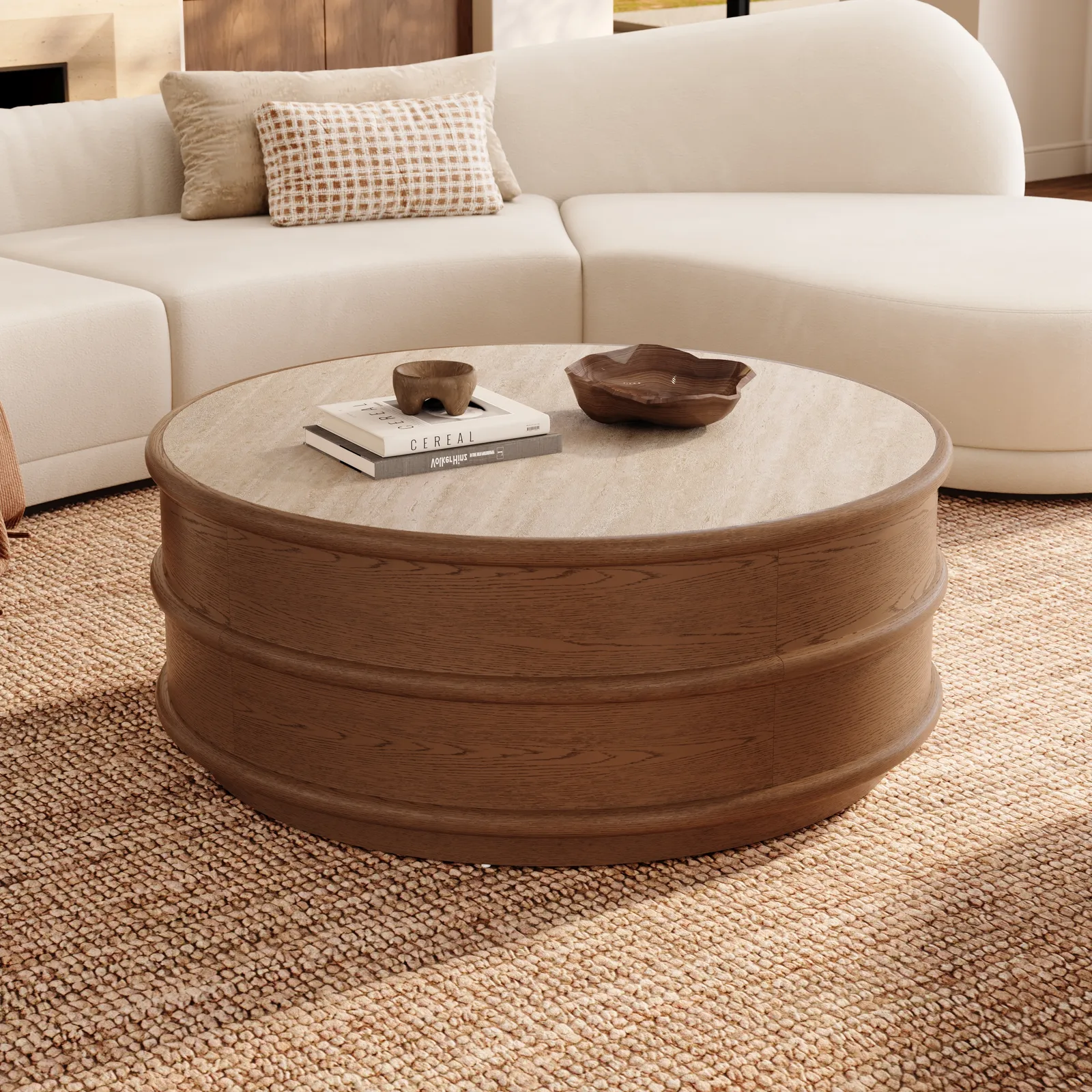36-inch Ash Wood Round Coffee Table with Sintered Stone Top