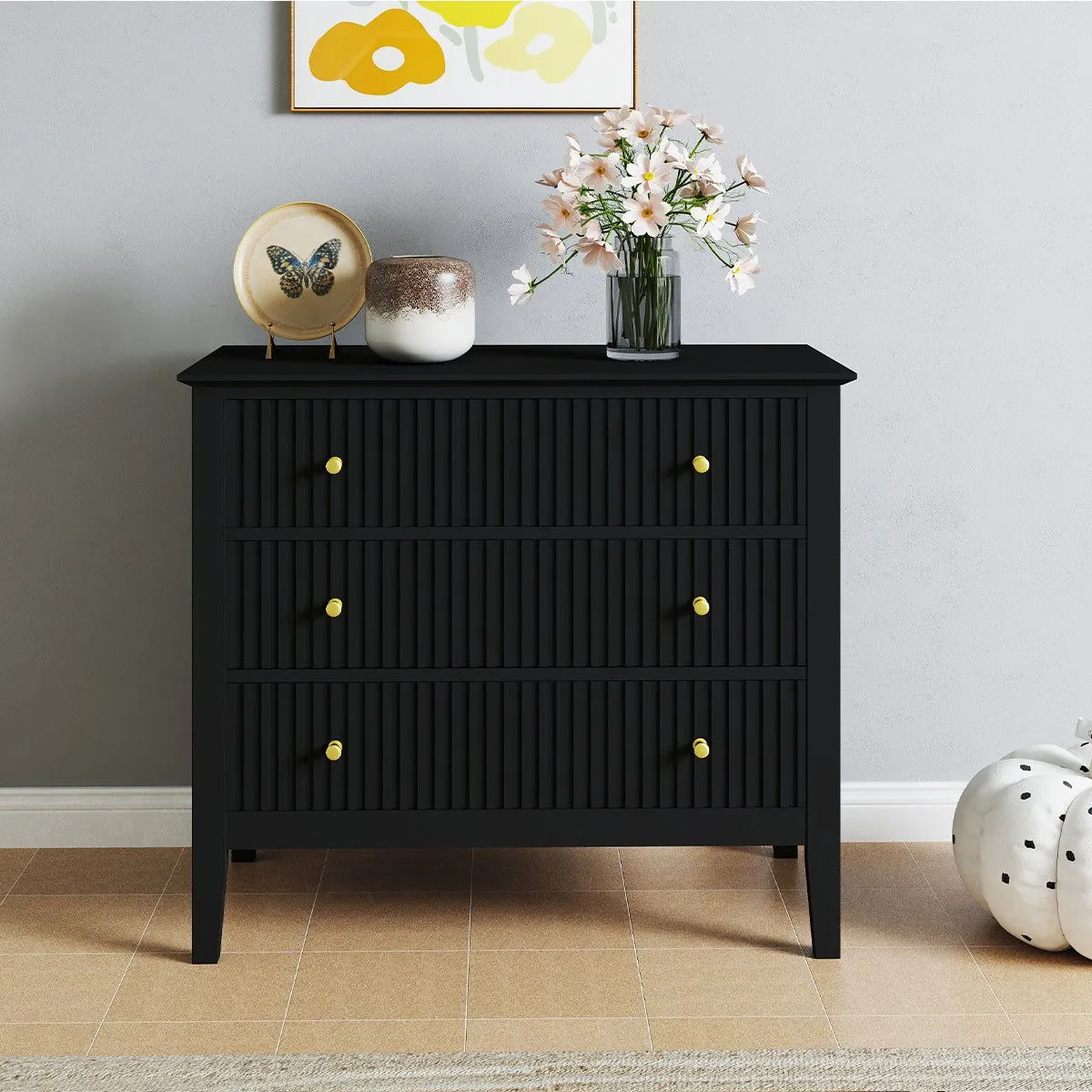 Melody Maison 3 Drawer Chest Of Drawers & Pair Of Bedside Tables - Hales Black Range 6