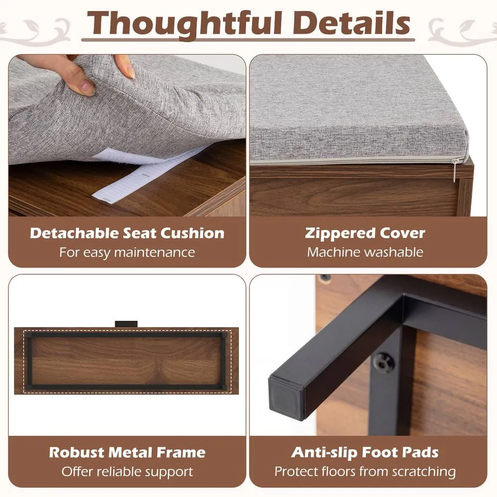 Costway Shoe Storage Bench Entryway Bench w/Padded Cushion&Hidden Shoe Cabinet in Brown 5