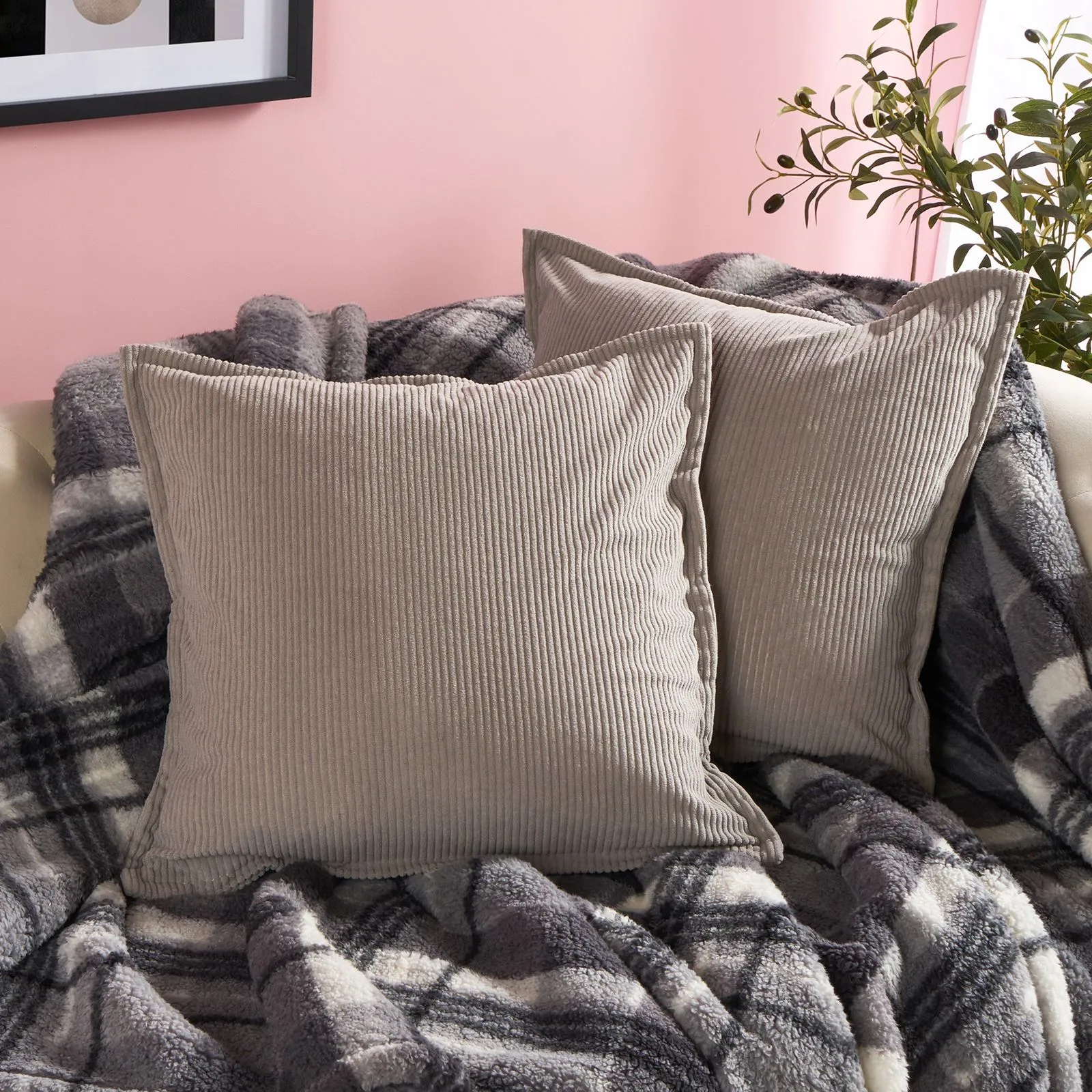 OHS 2 Pack Ribbed Oxford Edge Corduroy Cushion Covers Square Pillowcases in Grey