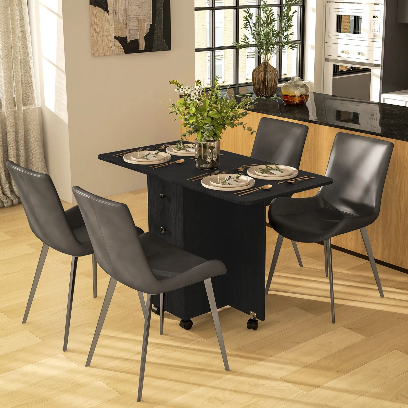 HOMCOM Folding Dining Table, Drop Leaf Table With Drawers in Black 1