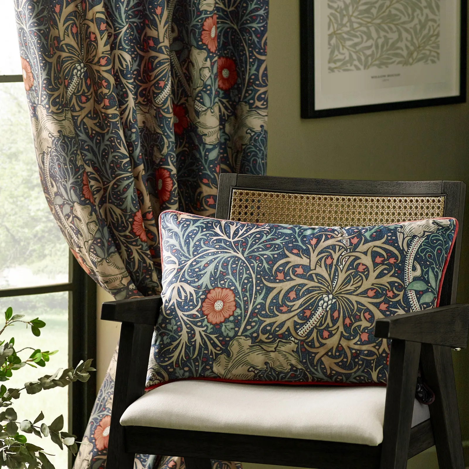 Morris & Co Seaweed Printed Velvet Room Darkening Pencil Pleat Curtains in Indigo 4