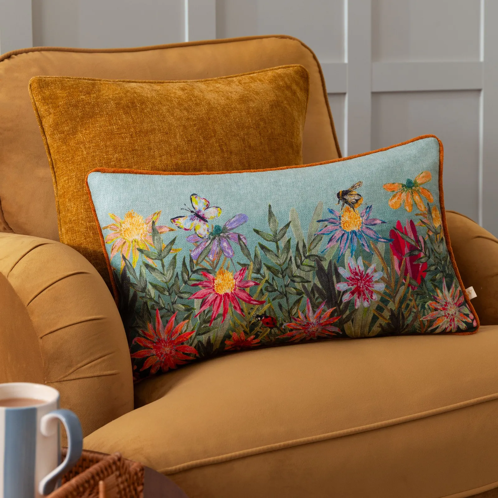 Wylder Country Wilds Blossom Meadow Printed Cushion in Bright Blue