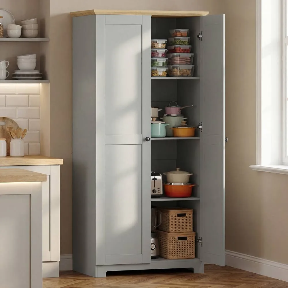 HOMCOM 172cm Wooden Storage Cabinet Cupboard With 4 Shelves in Grey 1