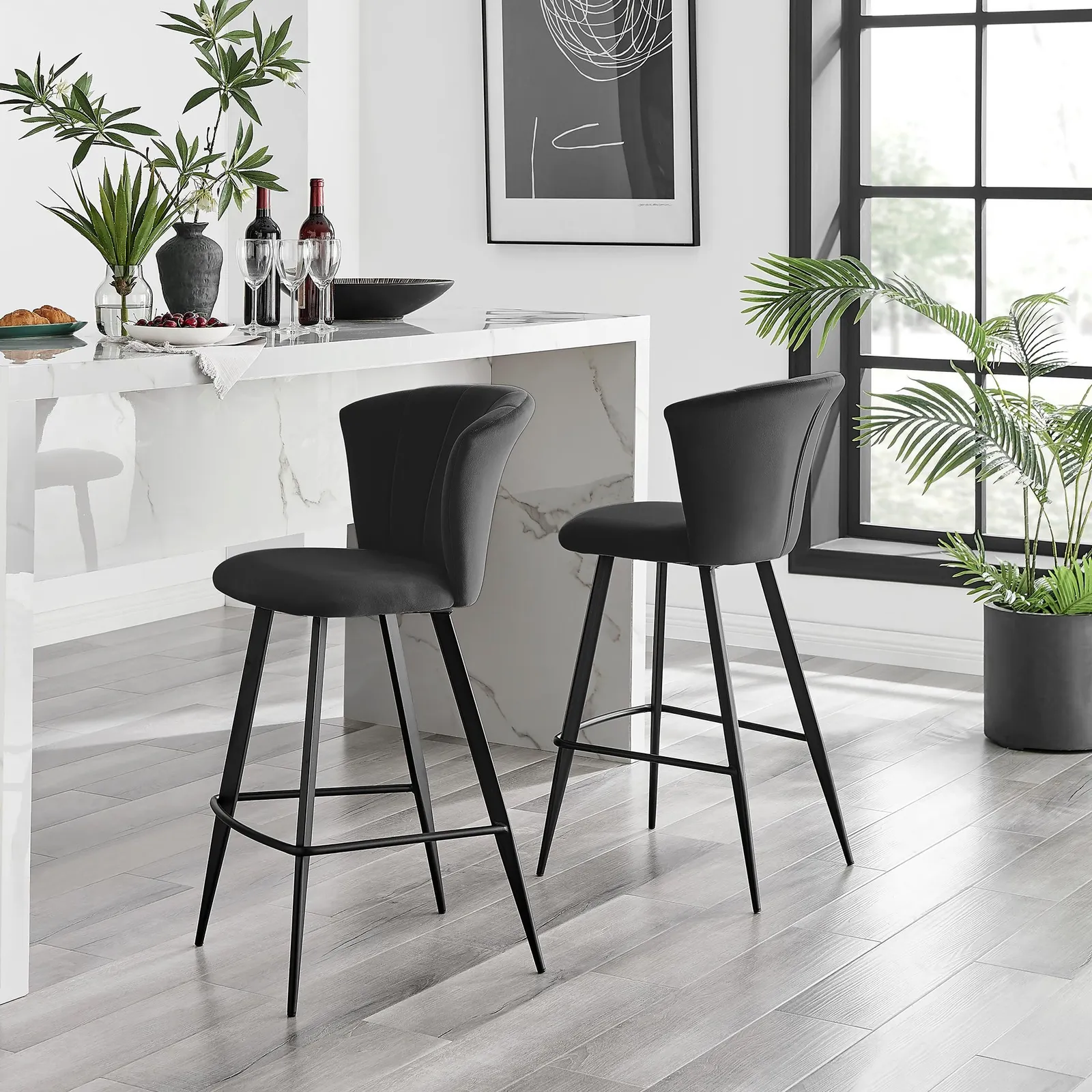 FurnitureboxUK Set of 2 Juniper Soft Touch Velvet Fluted Art Deco Counter Stools With Black Metal Legs