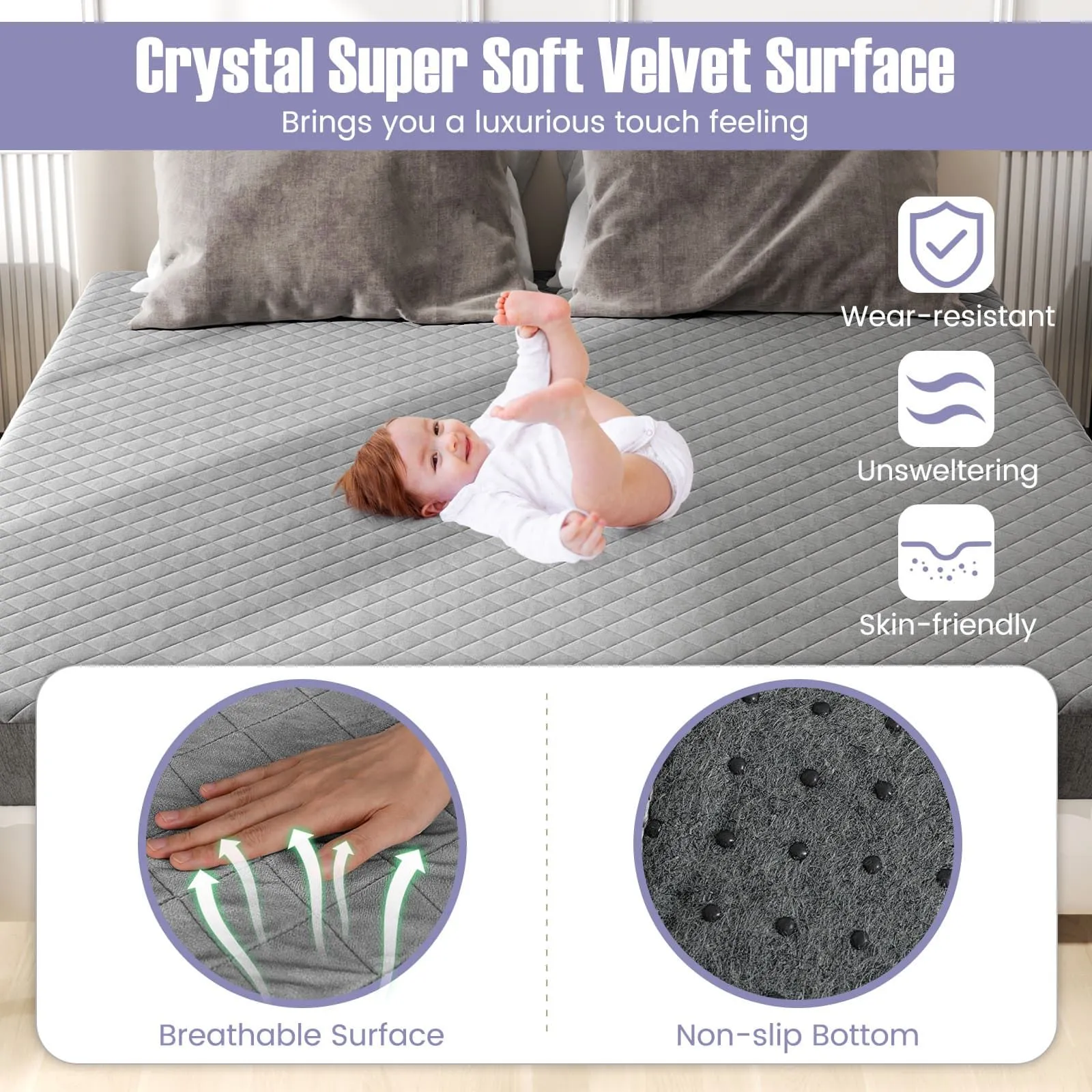 Costway Super King Size Mattress Protector Super Soft Velvet Mattress Topper in Grey 2