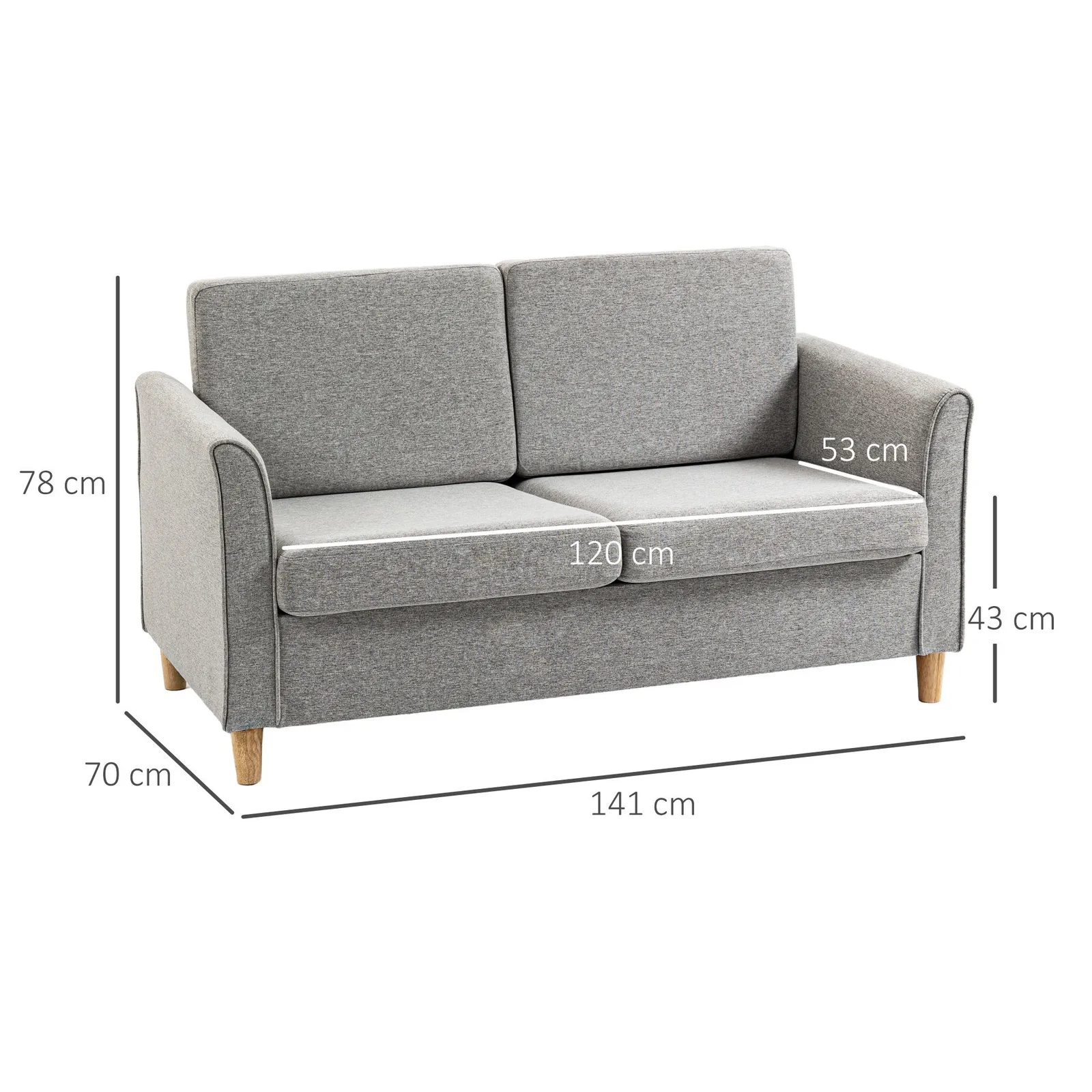 HOMCOM Double Seat Sofa Linen Upholstery Loveseat Couch w/ Armrests in Light Grey 3